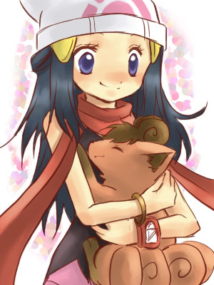 dawn (pokemon), rokkon, vulpix, nintendo, pokemon, lowres, 1girl, beanie, black hair, blue eyes, bracelet, gen 1 pokemon, hat, holding, hug, jewelry, pokemon (creature), poketch, smile, watch, wristwatch