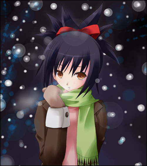 iwasaki takashi, senna (bleach), bleach, bleach: memories of nobody, 00s, 1girl, blush, breath, brown eyes, female focus, gloves, green scarf, hair ribbon, hair up, high ponytail, jacket, long hair, looking at viewer, mittens, outdoors, ponytail, purple hair, ribbon, scarf, snow, snowing, solo, upper body