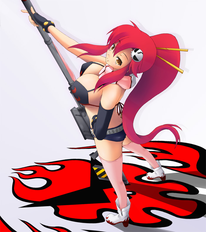 iwasaki takashi, yoko littner, tengen toppa gurren lagann, 00s, 1girl, anti-materiel rifle, female focus, gun, rifle, sniper rifle, solo, thighhighs, weapon
