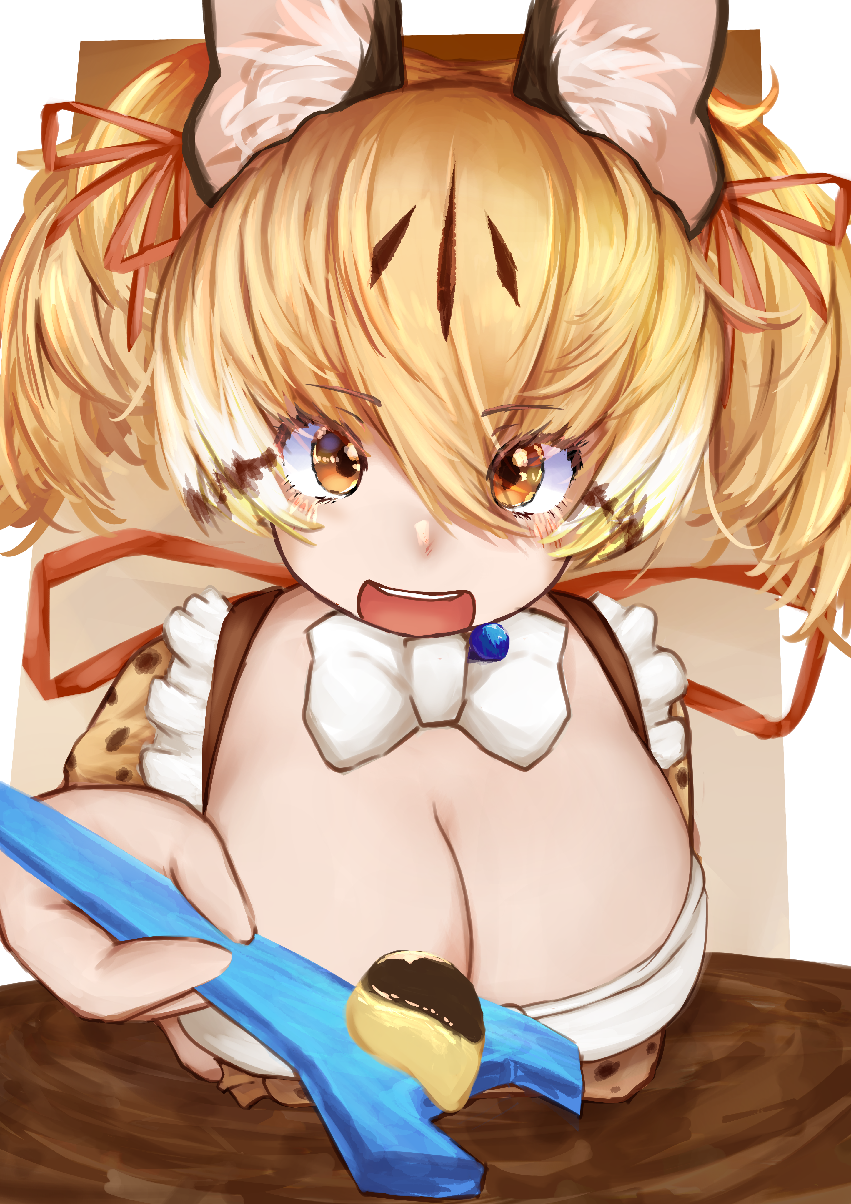 takara (takara0508), large-spotted genet (kemono friends), kemono friends, kemono friends v project, absurdres, commentary request, highres, 1girl, animal ear fluff, animal ears, blonde hair, bow, bowtie, breasts, brown background, brown eyes, brown shirt, brown skirt, cat ears, cat girl, cleavage, food, hair ribbon, holding, holding wrench, large breasts, leaning forward, looking at viewer, open mouth, orange ribbon, pudding, ribbon, shirt, short hair, skirt, smile, solo, upper body, virtual youtuber, white bow, white bowtie, wrench