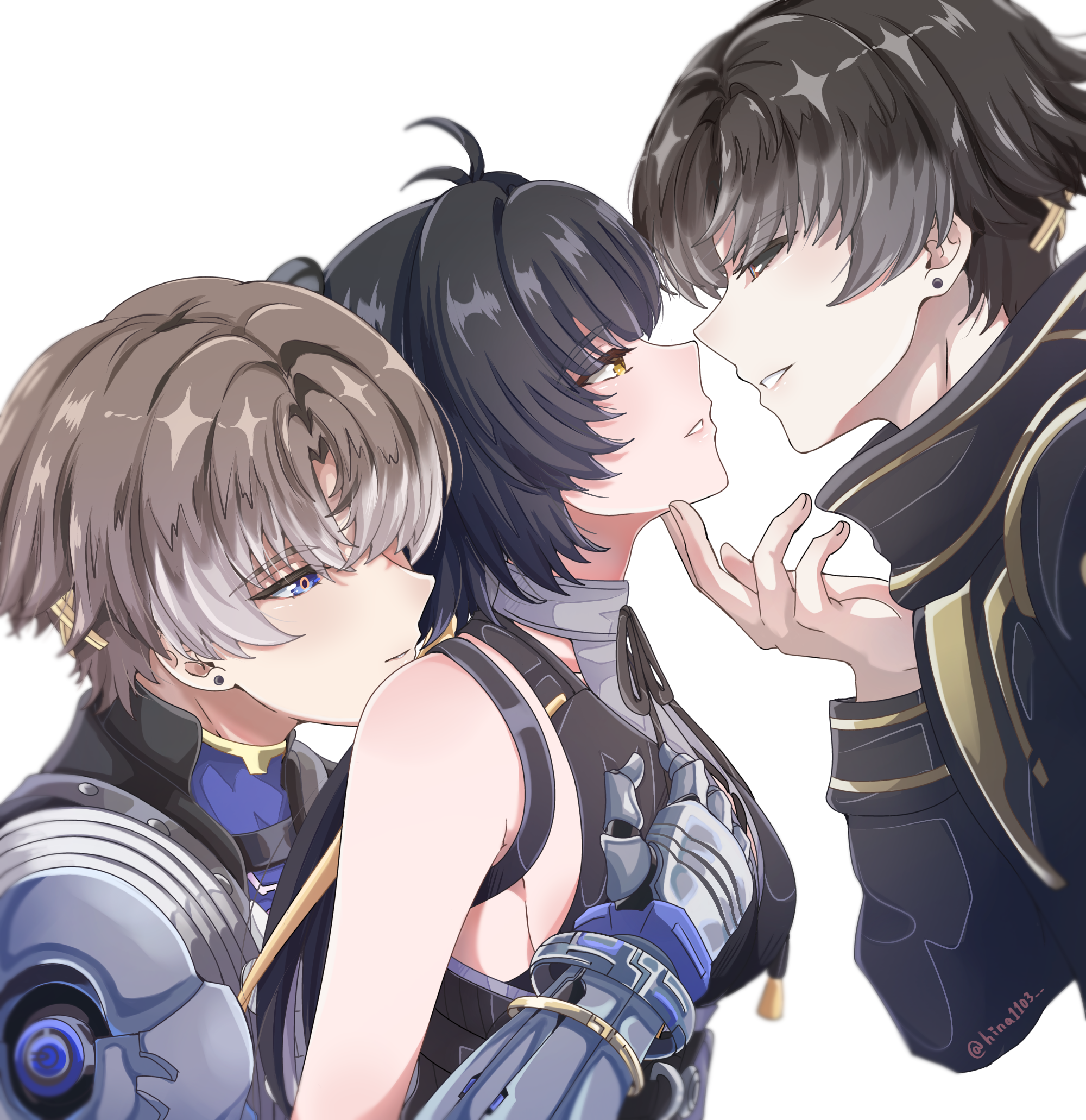 hina1103, female rover (wuthering waves), rover (wuthering waves), xiangli yao (wuthering waves), wuthering waves, commentary, highres, 1girl, 2boys, antenna hair, bare shoulders, black dress, black hair, black jacket, black sclera, blue eyes, blue shirt, breasts, brown hair, colored sclera, dress, dual persona, earrings, hair over one eye, hand on another's chest, hand on another's chin, imminent kiss, jacket, jewelry, large breasts, looking at another, mechanical arms, mechanical hands, multiple boys, orange eyes, parted lips, shirt, simple background, sleeveless, sleeveless dress, stud earrings, twitter username, white background, yellow eyes