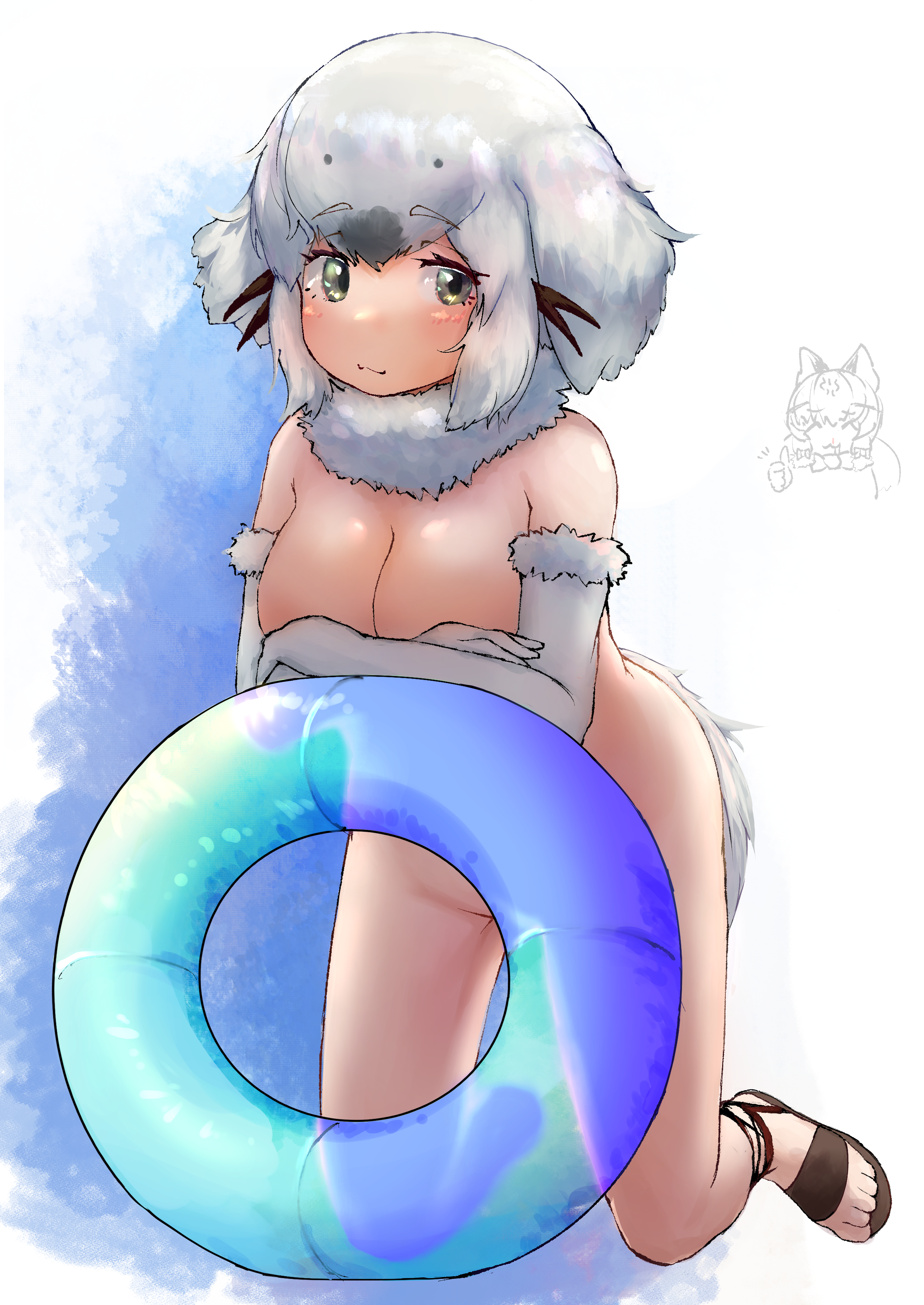 takara (takara0508), harp seal (kemono friends), kemono friends, absurdres, commentary request, highres, variant set, 1girl, blue background, blue innertube, blush, breasts, brown sandals, cleavage, closed mouth, crossed arms, elbow gloves, fins, full body, fur-trimmed gloves, fur collar, fur trim, gloves, grey eyes, grey gloves, grey hair, head fins, kneeling, large breasts, looking at viewer, nude, sandals, short hair, smile, solo, tail, white background