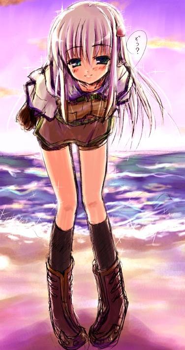 ragnarok online, beach, bent over, bike shorts, blush, boots, green eyes, hunter, kneehighs, long legs, pink hair, socks, sunset, torn clothes