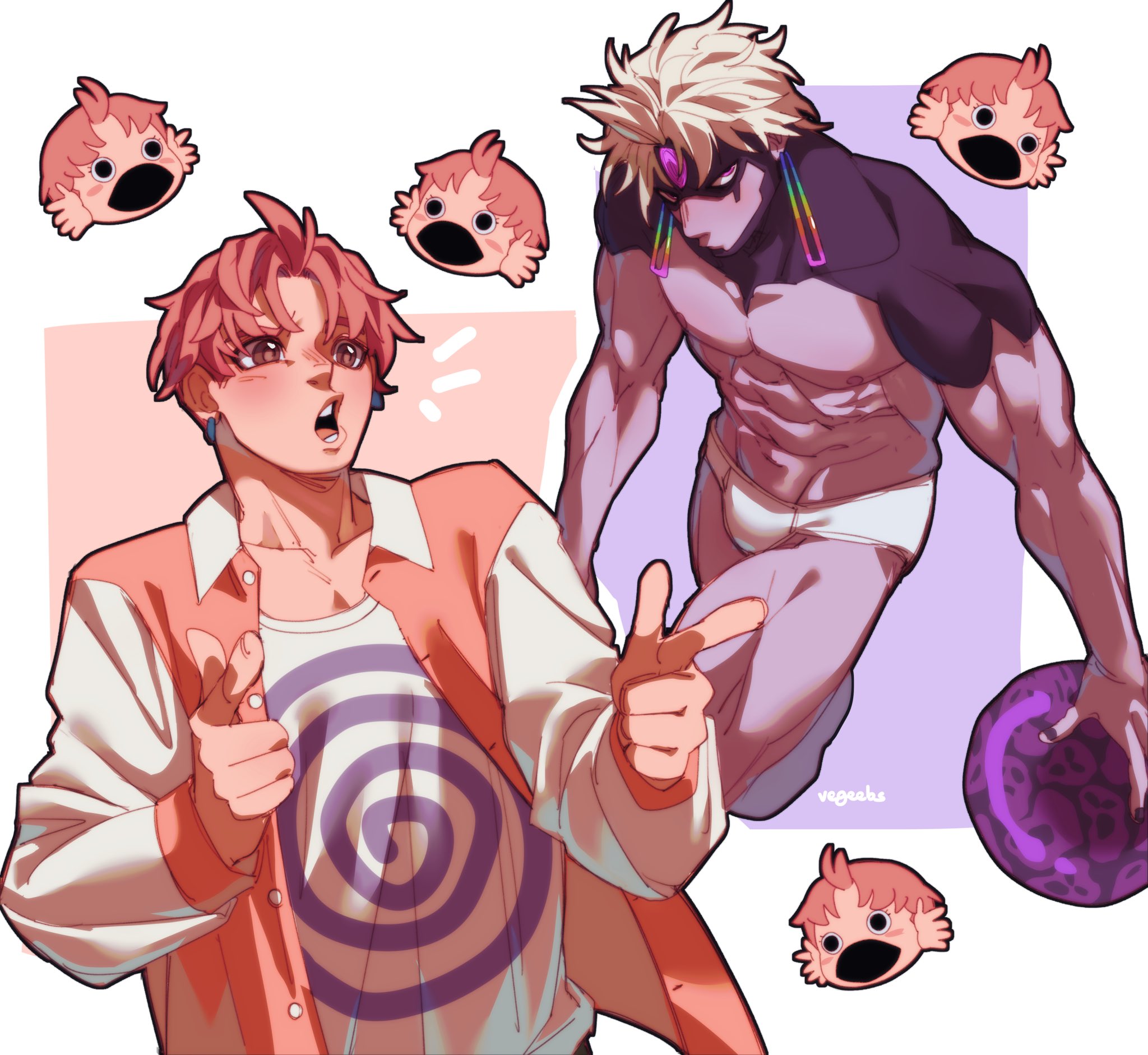 addy (@vegeebs), enjoji jin, evil eye (dandadan), dandadan, commentary, english commentary, highres, 1boy, abs, brown eyes, collarbone, double finger gun, earrings, finger gun, jewelry, long sleeves, male underwear, multiple views, muscular, muscular male, no pants, open clothes, open mouth, open shirt, pectorals, possessed, red hair, shirt, short hair, third eye, topless male, underwear, upper body, white hair, white male underwear, white shirt