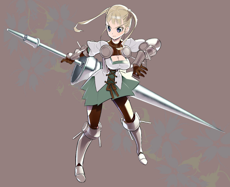 nekonoji, tensugi takashi, original, 1girl, breasts, cleavage, female focus, lance, large breasts, polearm, solo, spear, weapon