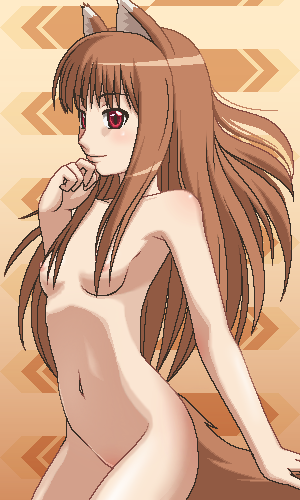 awa, holo, spice and wolf, lowres, 00s, 1girl, animal ears, breasts, brown theme, completely nude, cowboy shot, female focus, hand on own chin, jaggy lines, nipples, nude, red eyes, small breasts, solo, tail, wolf ears, wolf tail