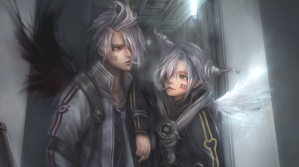 miche, original, bad id, bad pixiv id, 2boys, barcode, black wings, cigarette, green eyes, grey hair, headphones, indoors, male focus, multiple boys, red eyes, smoking, upper body, white wings, wings