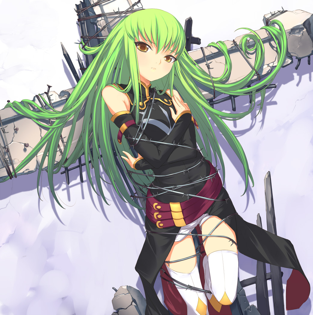 uni (plastic girl), c.c., code geass, 00s, 1girl, barbed wire, bdsm, blush, bondage, bound, cross, detached sleeves, female focus, green hair, long hair, solo, thighhighs, tied up (nonsexual), yellow eyes