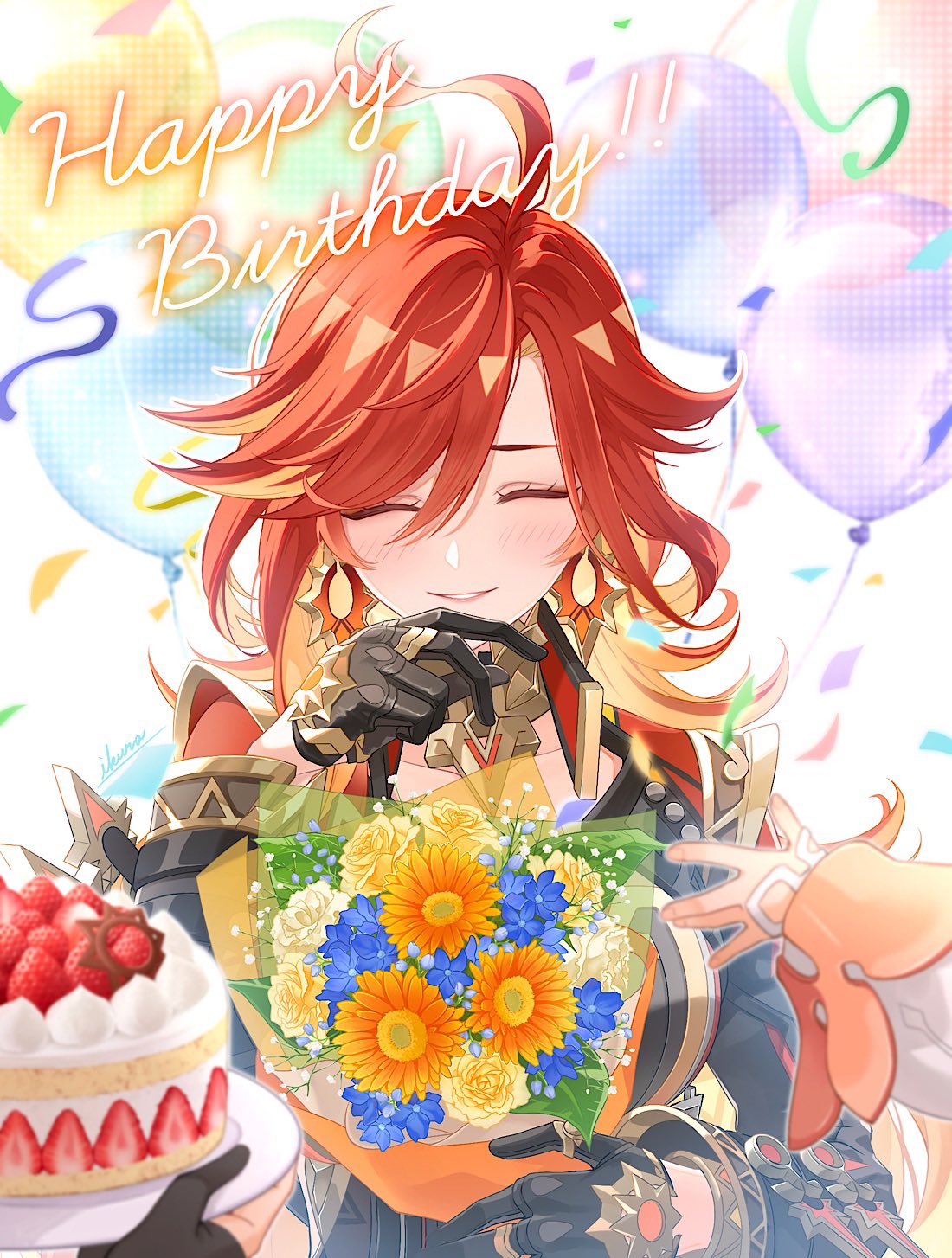 kurotaka oniku, lumine (genshin impact), mavuika (genshin impact), paimon (genshin impact), genshin impact, commentary request, flower request, highres, 3girls, ^ ^, ahoge, artist name, balloon, biker clothes, bikesuit, birthday, black bodysuit, black gloves, black jacket, blue flower, blush, bodysuit, bouquet, cake, closed eyes, collarbone, colored inner hair, confetti, cropped jacket, earrings, eyelashes, flower, food, fruit, gloves, gold ring, gold trim, hair between eyes, hand on own chin, hand up, happy, happy birthday, holding, holding bouquet, holding tray, jacket, jewelry, long hair, long sleeves, multicolored hair, multiple girls, orange flower, orange hair, parted bangs, parted lips, partially fingerless gloves, puffy long sleeves, puffy sleeves, red hair, ring, signature, smile, solo focus, strawberry, strawberry shortcake, streamers, sun earrings, tray, upper body, very long hair, white flower