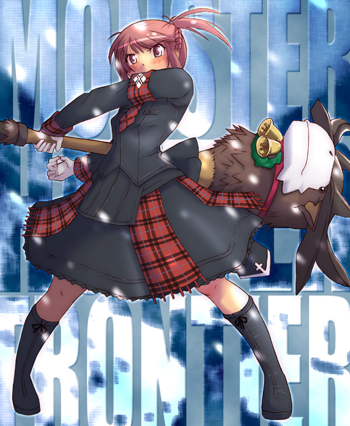 nyazui, sakino asuka, capcom, kimi kiss, monster hunter (series), monster hunter frontier, fur, head, plaid, 1girl, ahoge, angry, antlers, armband, bell, black socks, blush, boots, braid, collar, cosplay, covered erect nipples, cross, female focus, fighting stance, flat chest, gloves, hammer, healer u (armor), horns, huge weapon, knee boots, kneehighs, looking at viewer, nature, neck bell, nurse, outdoors, pink eyes, pink hair, ponytail, ribbon, scrunchie, short hair, side braid, skirt, sky, snow, socks, solo, spread legs, standing, swept bangs, weapon, white gloves