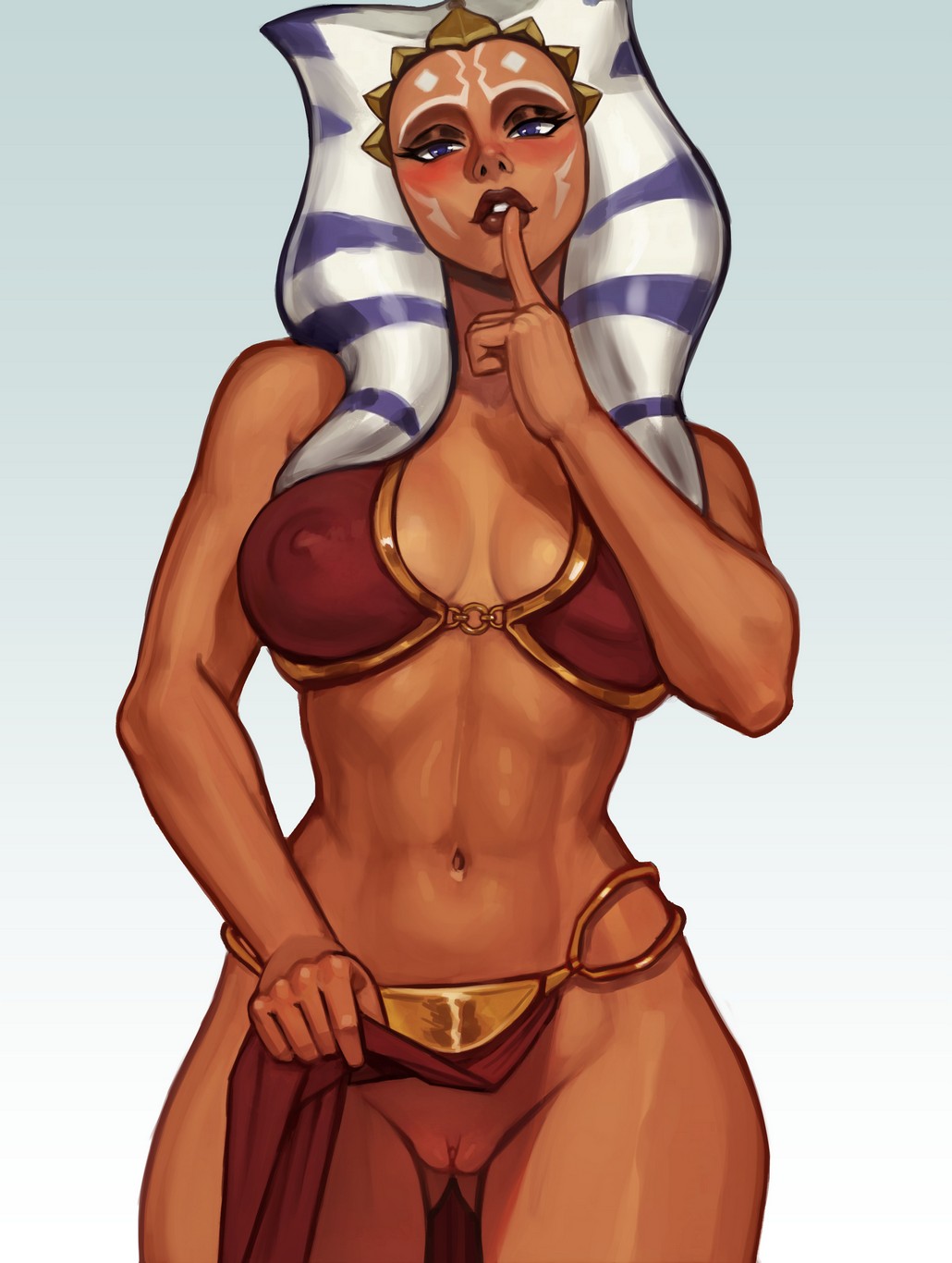 akeowi, ahsoka tano, huttslayer leia, princess leia, togruta, star wars, highres, 1girl, alien, blue eyes, blush, bra, breasts, clothes lift, colored skin, finger to mouth, harem outfit, jedi, large breasts, loincloth, loincloth lift, looking at viewer, navel, nipples, orange skin, pussy, see-through bra, see-through clothes, shushing, simple background, slave, underwear, white background