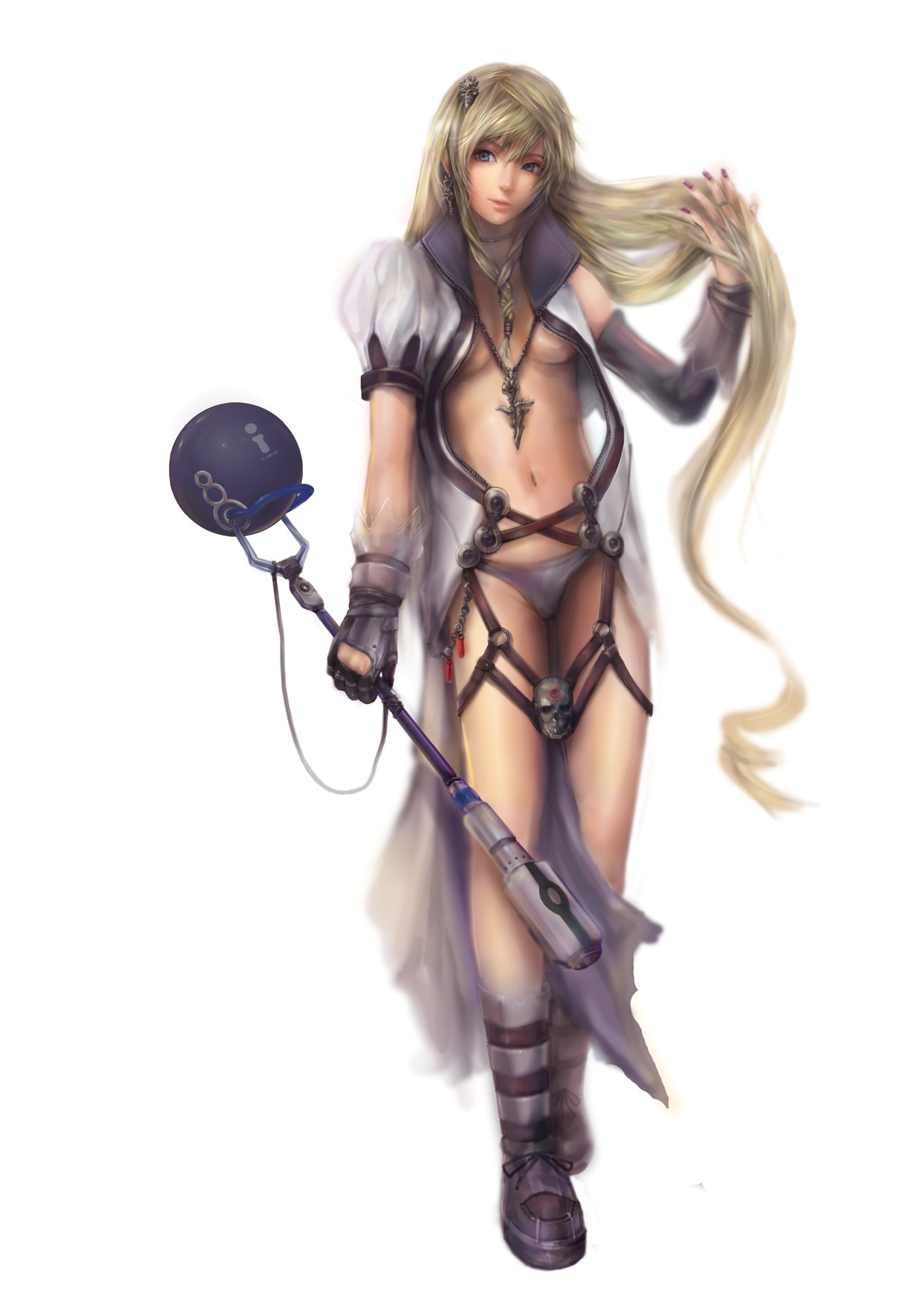 miche, original, bad id, bad pixiv id, highres, 1girl, blonde hair, blue eyes, breasts, female focus, full body, long hair, medium breasts, navel, no bra, panties, realistic, simple background, skull, solo, underboob, underwear, very long hair, white background, white panties