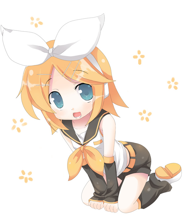 omiso, omiso (omiso), kagamine rin, vocaloid, 1girl, :d, arm warmers, belt, between legs, black shorts, blonde hair, blue eyes, blush, bow, female focus, full body, hair bow, hair ornament, hairclip, hand between legs, headphones, kneeling, leg warmers, looking at viewer, open mouth, ribbon, sailor collar, short hair, shorts, sleeveless, smile, solo, swept bangs, white background, white bow, yellow ribbon