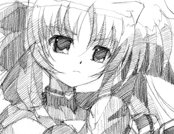 gofu, fate testarossa, lyrical nanoha, mahou shoujo lyrical nanoha, traditional media, 00s, greyscale, monochrome, sketch, solo