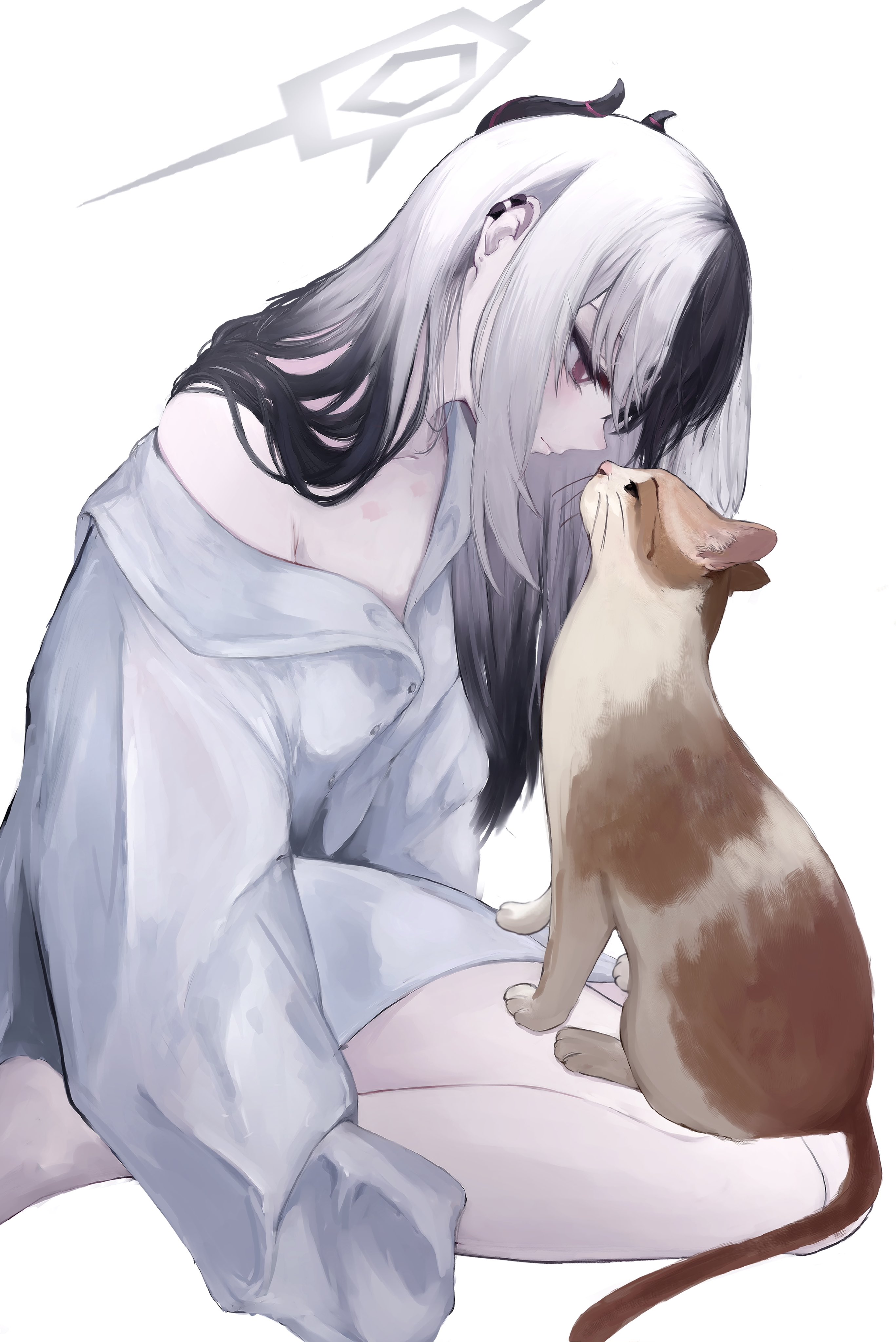 suzukano pon, kayoko (blue archive), blue archive, absurdres, highres, 1girl, bare legs, black hair, blush, cat, closed mouth, demon girl, demon horns, ear piercing, grey halo, halo, horns, long hair, looking at animal, multicolored hair, piercing, red eyes, shirt, sidelocks, single bare shoulder, solo, two-tone hair, white hair, white shirt