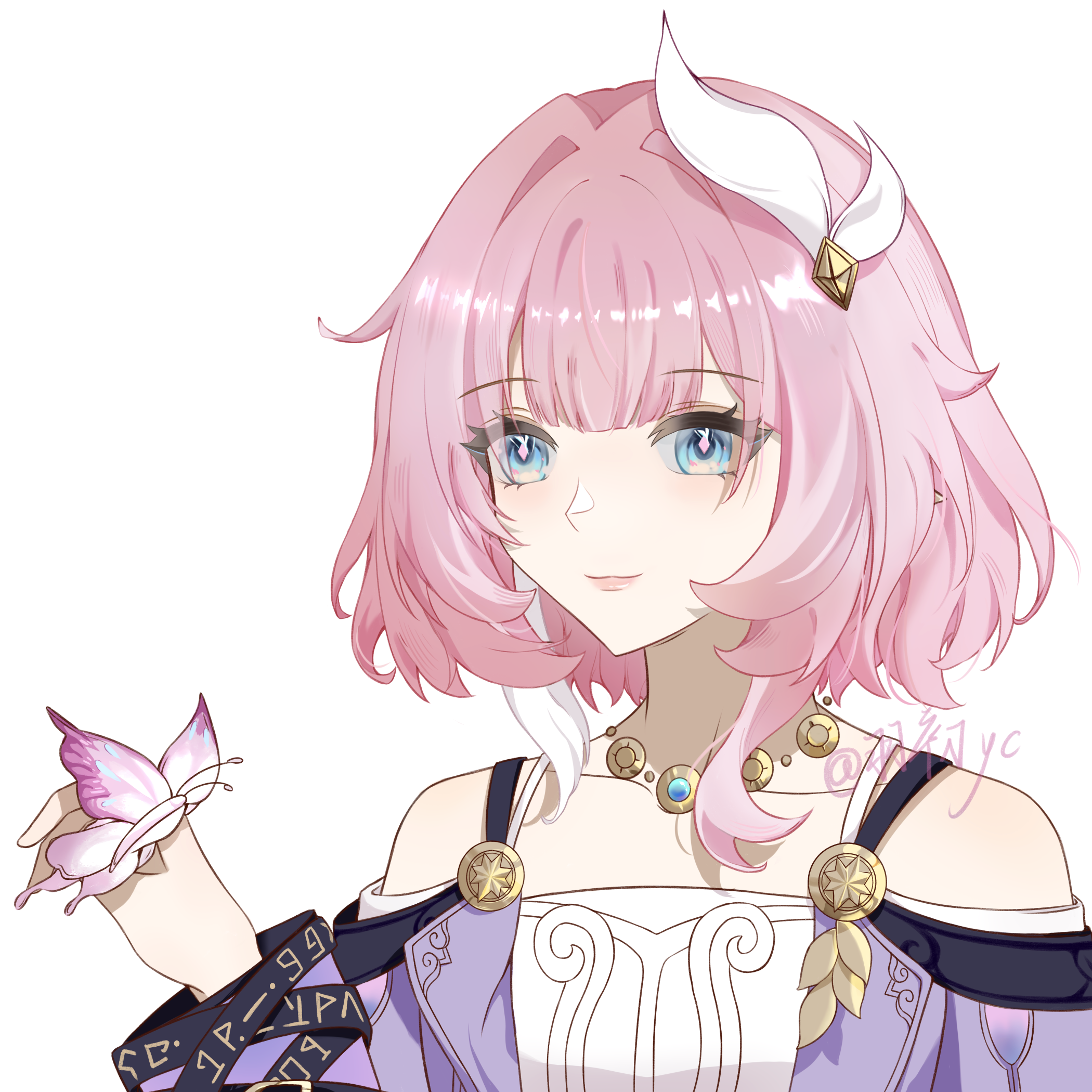 athanasia39623, cyrene (honkai: star rail), honkai: star rail, honkai (series), chinese commentary, commentary request, highres, 1girl, bare shoulders, blue eyes, bug, butterfly, butterfly on hand, coat, dress, hair ornament, insect, jewelry, multicolored hair, necklace, pink hair, purple coat, short hair, simple background, solo, two-tone hair, upper body, white background, white dress, white hair