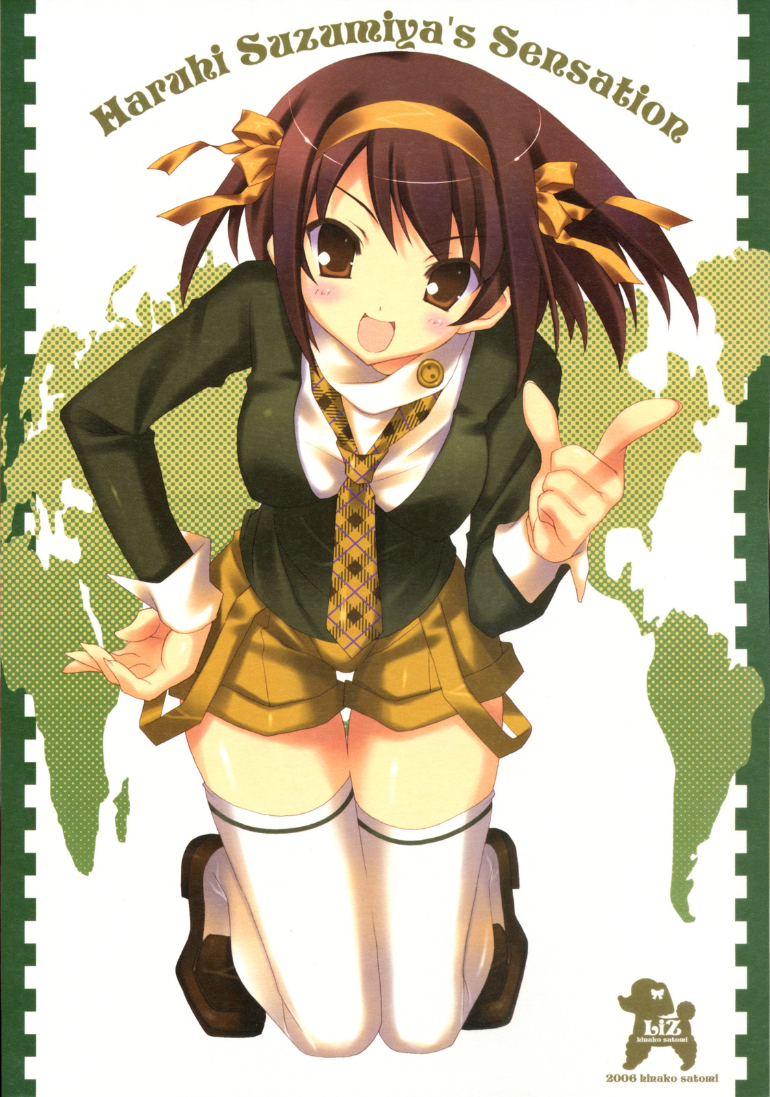 satomi hinako, suzumiya haruhi, suzumiya haruhi no yuuutsu, highres, 00s, hand on own hip, map, necktie, plaid clothes, plaid necktie, short shorts, shorts, solo, suspenders hanging, thighhighs, white thighhighs, world map