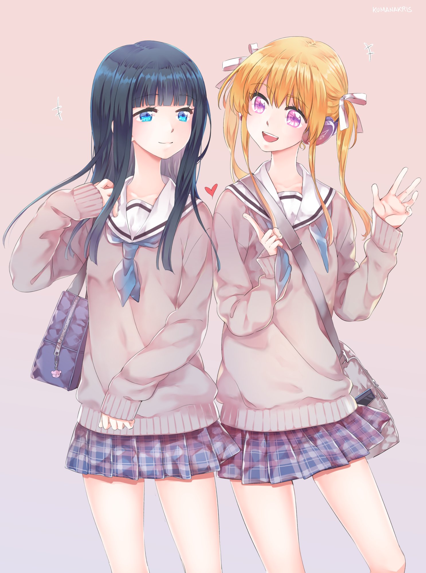 ana c. sanchez, character request, copyright request, highres, :d, artist name, bag, behind-the-head headphones, black hair, blonde hair, blue eyes, blue skirt, cowboy shot, hair ribbon, hand up, headphones, heart, open mouth, pale skin, pink background, pink hair, pink ribbon, plaid clothes, plaid skirt, pleated skirt, ribbon, sailor collar, school uniform, shoulder bag, skirt, smile, split mouth, straight hair, teeth, upper teeth only, white sailor collar
