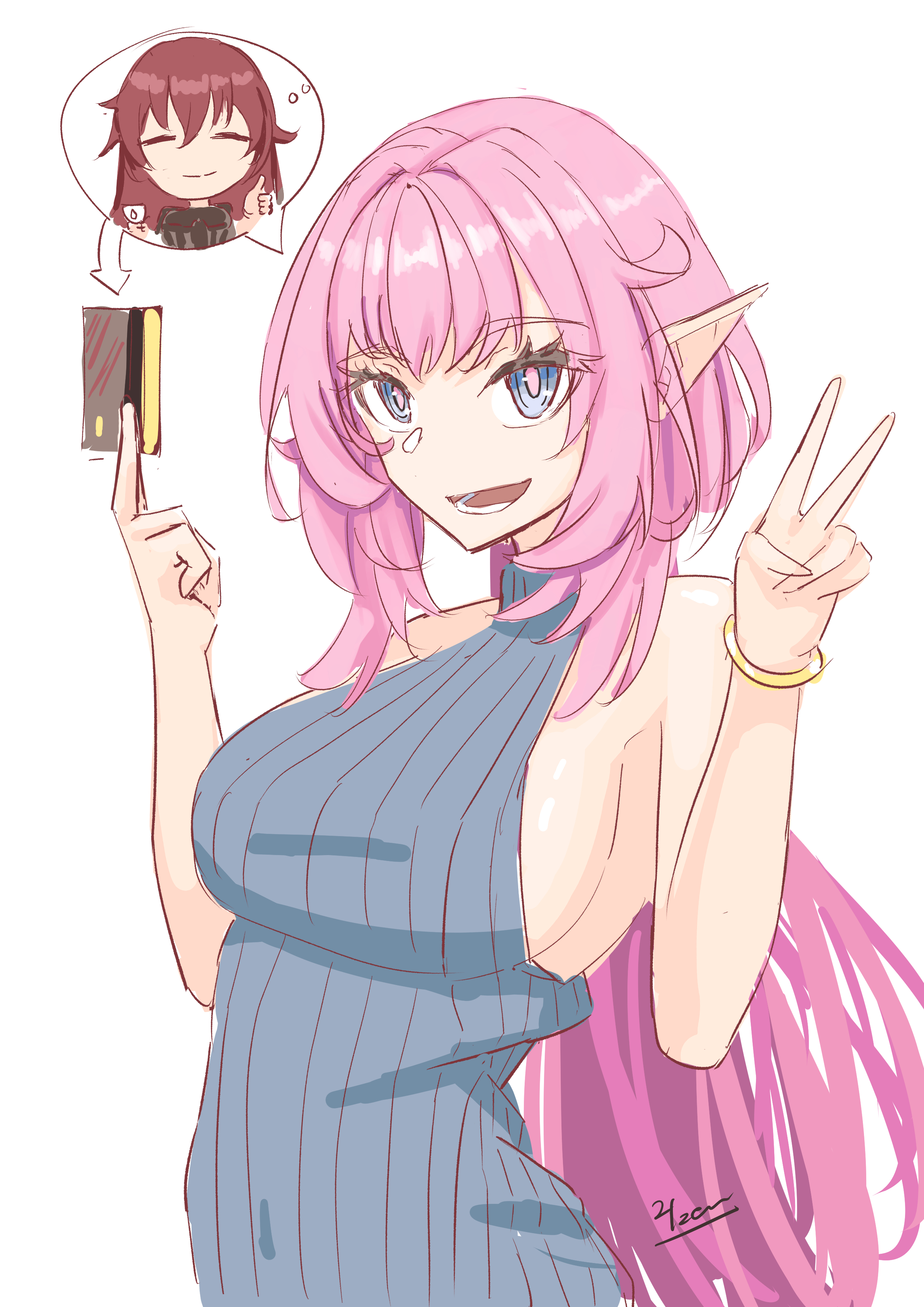 eden (honkai impact), elysia (honkai impact), honkai (series), honkai impact 3rd, absurdres, commentary, english commentary, highres, 2girls, alternate costume, arciel (nijuyon zen), blue eyes, bracelet, breasts, brown hair, card, credit card, grey sweater, holding, holding card, jewelry, large breasts, long hair, multiple girls, open mouth, pink hair, sideboob, simple background, sweater, turtleneck, turtleneck sweater, v, very long hair, white background