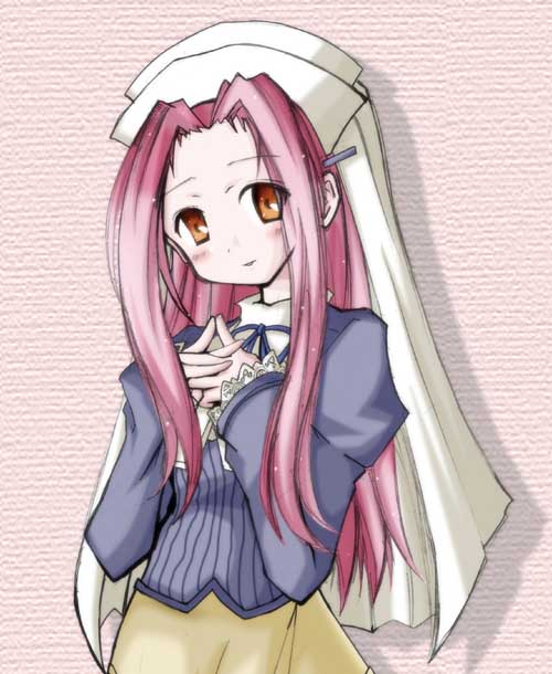 sanari (quarter iceshop), lara (rune factory), rune factory, rune factory 1, 1girl, blush, female focus, hair ornament, hairclip, headdress, long hair, orange eyes, purple hair, ribbon, skirt, solo, veil