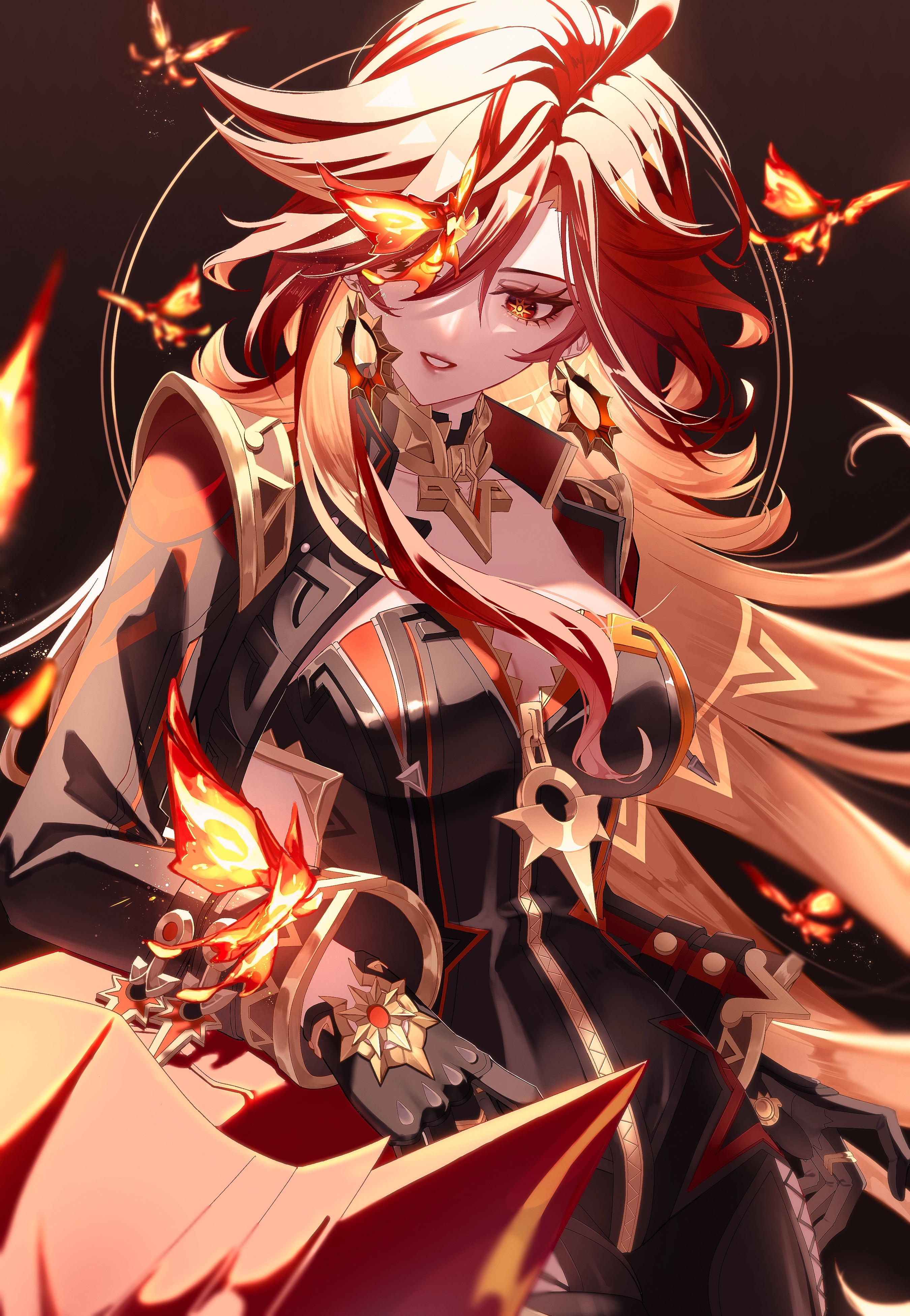 if0208, crystalfly (genshin impact), mavuika (genshin impact), genshin impact, absurdres, commentary request, highres, 1girl, ahoge, biker clothes, bikesuit, black background, black bodysuit, black gloves, black jacket, bodysuit, breasts, cleavage, collarbone, colored inner hair, cowboy shot, cropped jacket, earrings, eyelashes, flamestrider (genshin impact), floating hair, gloves, gold ring, gold trim, hair between eyes, jacket, jewelry, large breasts, leaning against motorcycle, long hair, long sleeves, motor vehicle, motorcycle, multicolored hair, one eye covered, orange hair, parted bangs, parted lips, red eyes, red hair, ring, smile, solo, standing, sun earrings, very long hair, yellow pupils, zipper, zipper pull tab