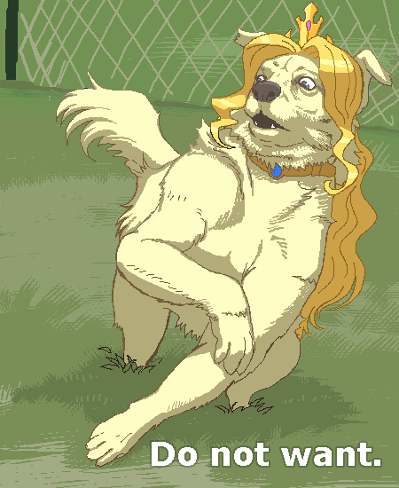 tenseiani, princess terria, 4chan, cyber connect 2, little tail bronx, tail concerto, animal focus, blonde hair, blue eyes, chain-link fence, collar, crown, dog, english text, fence, grass, image macro (meme), long hair, meme, no humans, oekaki, outdoors, parody, princess, what