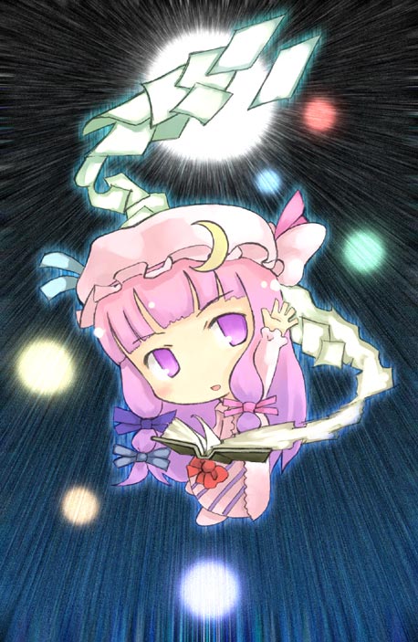 kito (sorahate), patchouli knowledge, touhou, 1girl, :o, blue bow, blush, bow, chibi, crescent, female focus, frills, hair bow, hat, looking up, mob cap, multi-tied hair, multiple hair bows, parted lips, purple eyes, purple hair, red bow, solo
