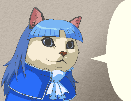 tenseiani, stare priss, little tail bronx, tail concerto, lowres, animal ears, animal focus, blank speech bubble, blue eyes, blue hair, blunt bangs, cat, cat ears, dress, long hair, meme, no humans, oekaki, solo, speech bubble, template