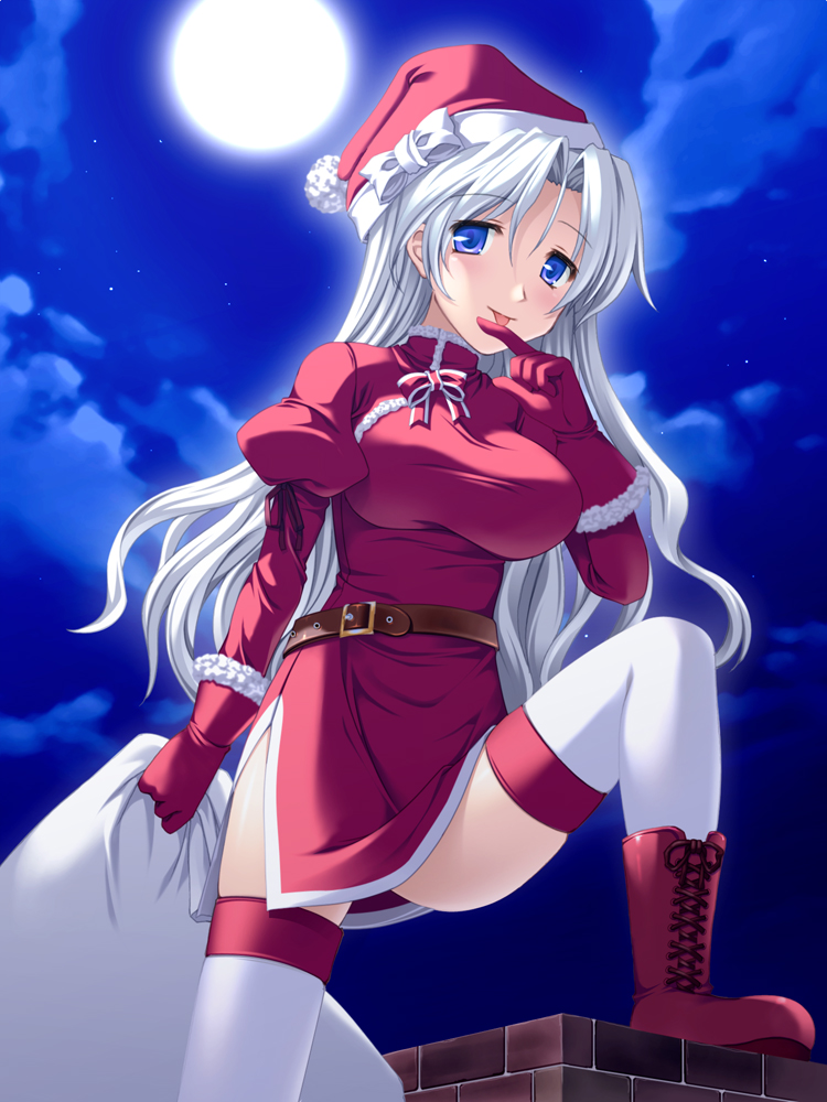 totokichi, original, bad id, bad pixiv id, 1girl, belt, blue eyes, boots, china dress, chinese clothes, christmas, dress, female focus, full moon, gloves, hat, long hair, moon, night, red gloves, sack, santa costume, santa hat, solo, thighhighs, white hair