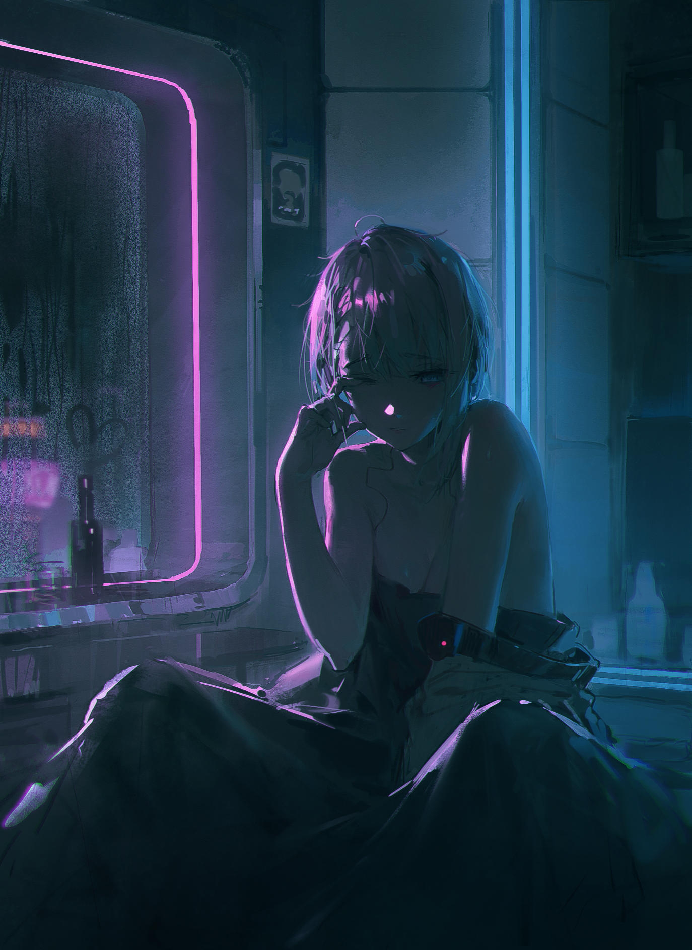 dino (dinoartforame), lucy (cyberpunk), cyberpunk: edgerunners, cyberpunk (series), highres, 1girl, blue eyes, breasts, cleavage, grey hair, indoors, looking at viewer, nude, rubbing eyes, short hair, solo, under covers