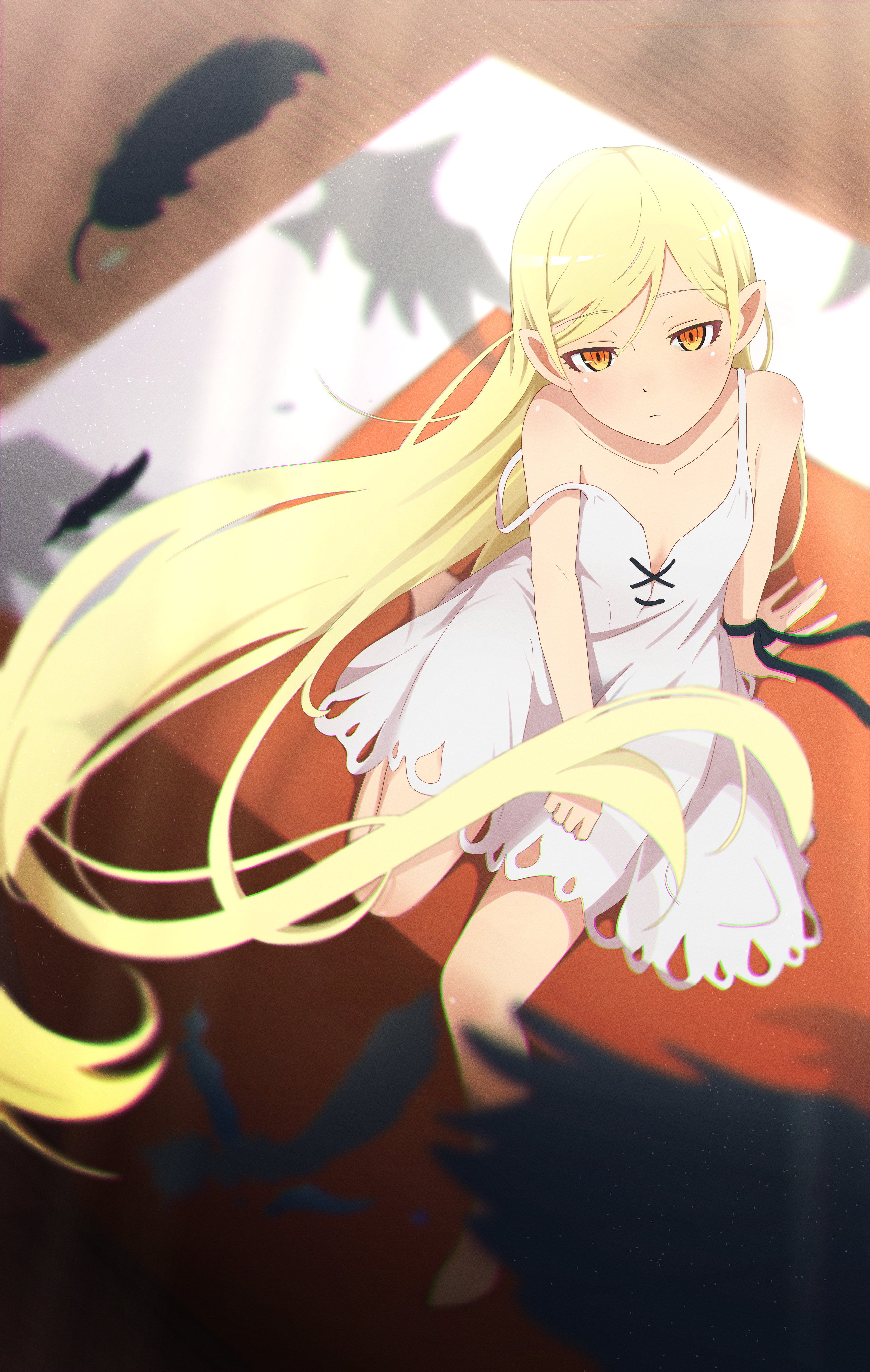kagari ds, kiss-shot acerola-orion heart-under-blade, kiss-shot acerola-orion heart-under-blade (young), oshino shinobu, kizumonogatari, monogatari (series), absurdres, commentary request, highres, 1girl, arm support, bare shoulders, bird, black ribbon, blonde hair, blurry, blurry background, closed mouth, crow, dress, falling feathers, feathers, film grain, flat chest, from above, light frown, long hair, looking at viewer, looking up, pointy ears, ribbon, shadow, sitting, sleeveless, sleeveless dress, solo, strap slip, sundress, swept bangs, very long hair, white dress, wrist ribbon, yellow eyes