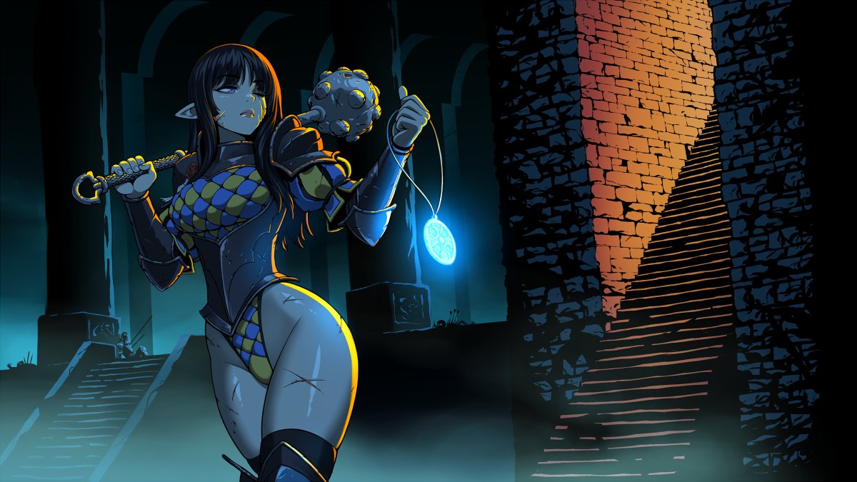 ronindude, original, 1girl, amulet, armor, bikini armor, brick wall, dark, dungeon, elf, holding, holding mace, holding weapon, leotard, long hair, mace, pauldrons, pillar, pointy ears, scar, scar on face, scar on leg, shoulder armor, stairs, stone stairs, weapon