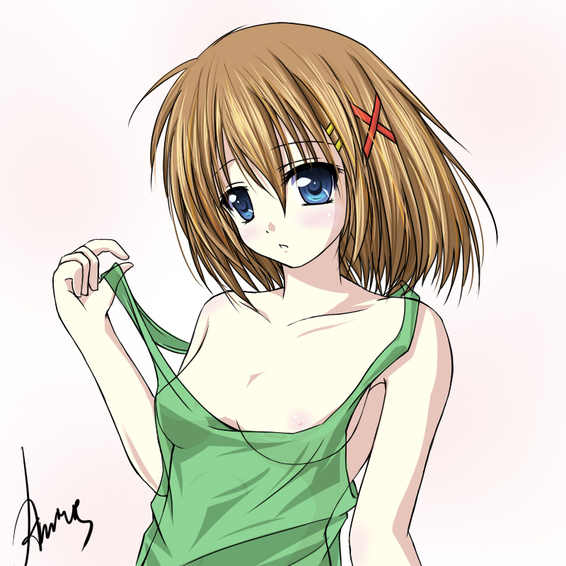 amicis, yagami hayate, lyrical nanoha, mahou shoujo lyrical nanoha, mahou shoujo lyrical nanoha strikers, 00s, 1girl, breasts, female focus, hair ornament, medium breasts, nipple slip, nipples, solo, x hair ornament