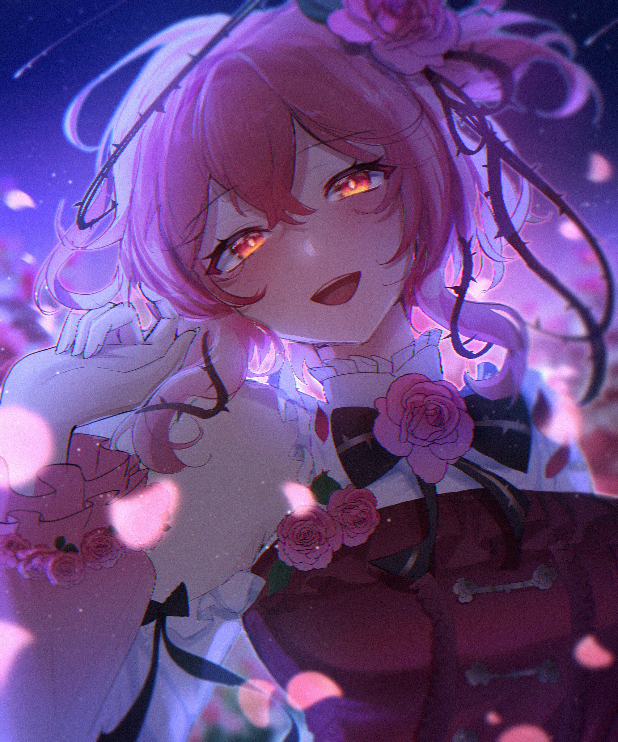 o0114, rosemi lovelock, rosemi lovelock (1st costume), nijisanji, nijisanji en, absurdres, commentary, english commentary, highres, 1girl, blush, breasts, falling petals, flower, hair between eyes, hair flower, hair ornament, hair vines, looking at viewer, night, open mouth, petals, pink hair, red eyes, red flower, red rose, rose, shooting star, side ponytail, small breasts, solo, thorns, virtual youtuber