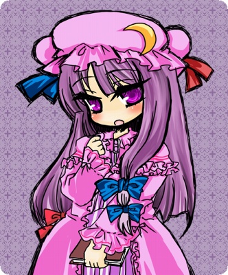 mame., patchouli knowledge, touhou, striped, lowres, 1girl, :o, blush, book, bow, chibi, crescent, dress, embarrassed, female focus, flat chest, frills, hair bow, hat, lolita fashion, long hair, looking at viewer, multiple hair bows, open mouth, purple eyes, purple hair, solo