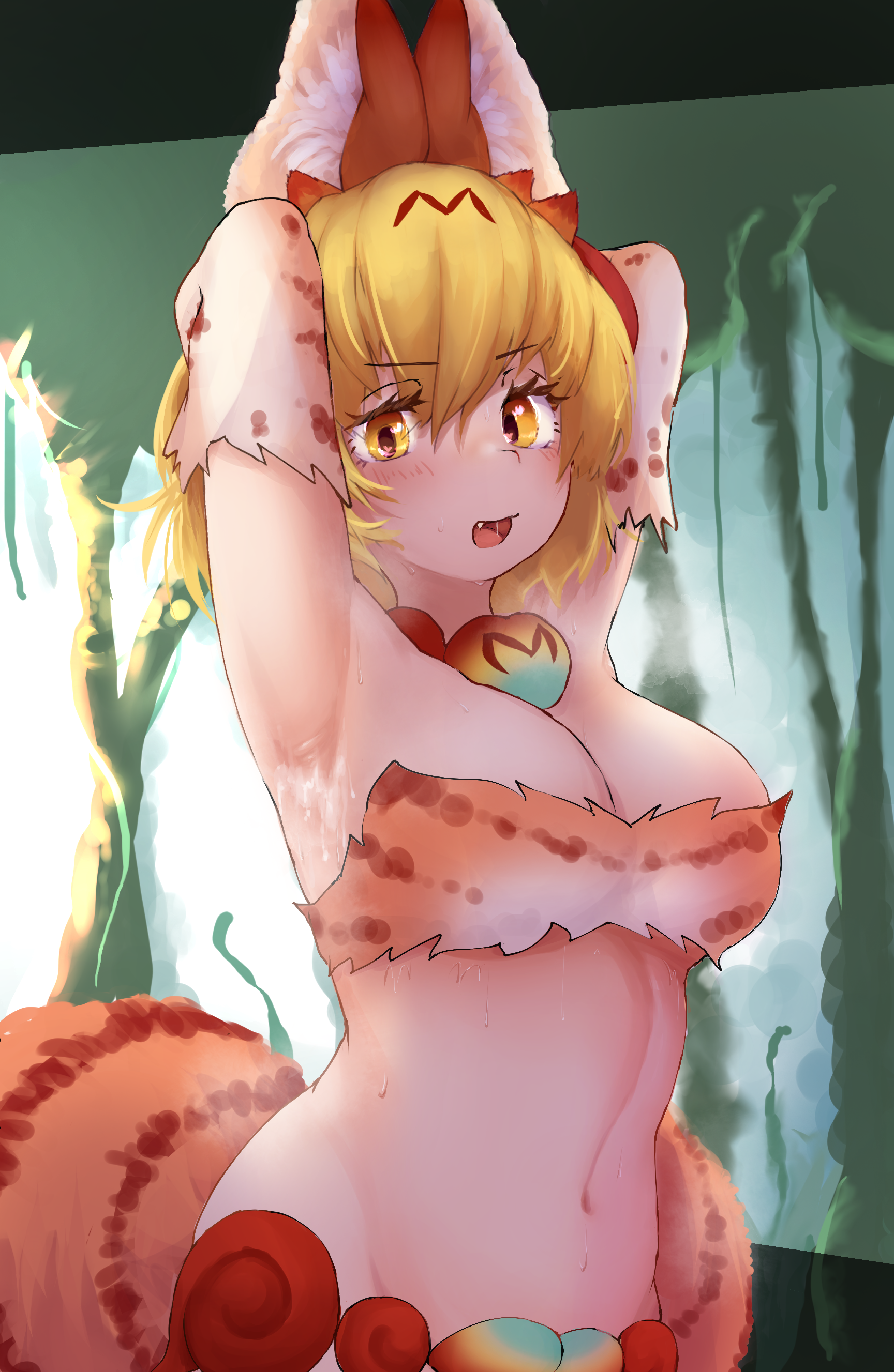 takara (takara0508), serval (kemono friends), shiserval lefty, kemono friends, absurdres, commentary request, highres, variant set, 1girl, animal ear fluff, animal ears, armpits, arms behind head, arms up, blonde hair, blush, breasts, cat ears, cat girl, cleavage, cum, cum on armpits, cum on body, elbow gloves, fang, gloves, large breasts, looking at viewer, navel, open mouth, short hair, solo, upper body, white gloves, yellow eyes
