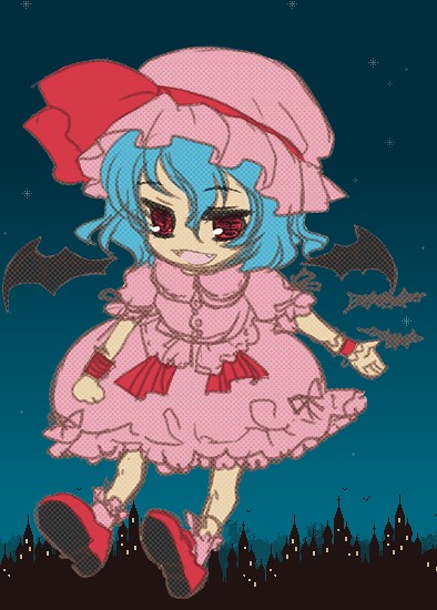 mame., remilia scarlet, touhou, 1girl, :d, bat (animal), bat wings, blue hair, bow, chibi, city, cityscape, demon girl, dress, fang, female focus, flat chest, flying, frills, full body, glowing, hat, loafers, lolita fashion, looking at viewer, night, night sky, open mouth, outdoors, outstretched arm, outstretched hand, pink hat, red eyes, shoes, short hair, sky, smile, socks, solo, star (sky), starry sky, wings, wrist cuffs