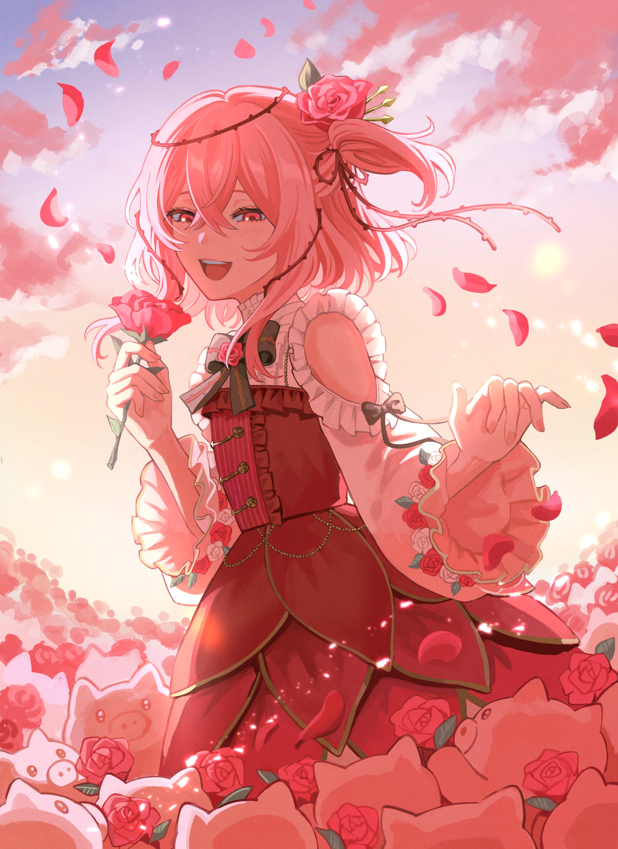 curry ytd, rosebud (rosemi lovelock), rosemi lovelock, rosemi lovelock (1st costume), nijisanji, nijisanji en, absurdres, highres, 1girl, :d, blush, clothing cutout, falling petals, flower, holding, holding flower, looking at viewer, medium hair, open mouth, petals, red flower, red rose, rose, shoulder cutout, side ponytail, smile, virtual graduation commemoration, virtual youtuber