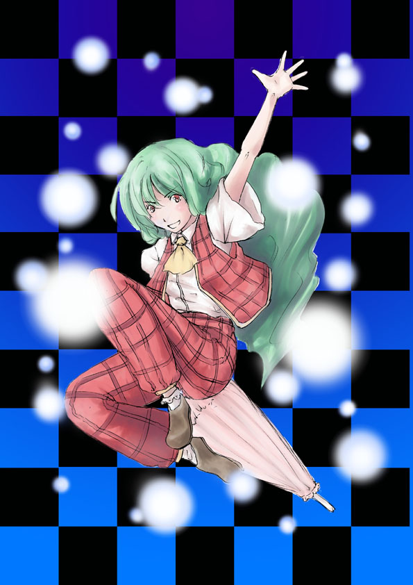 kazami yuuka, kazami yuuka (pc-98), mystic square, touhou, touhou (pc-98), 1girl, ascot, closed umbrella, female focus, green hair, long hair, pants, parasol, plaid clothes, plaid pants, plaid vest, red eyes, solo, umbrella, vest