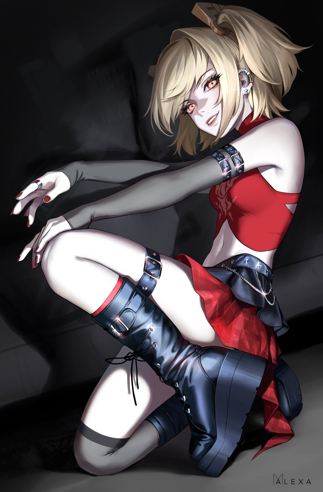 m alexa, burnice white, zenless zone zero, highres, 1girl, alternate costume, belt, black boots, black sleeves, blonde hair, boots, breasts, cropped shirt, detached sleeves, evil grin, evil smile, from side, grin, looking at viewer, medium breasts, medium hair, midriff, red eyes, red nails, red shirt, red skirt, shirt, skirt, smile, solo, squatting, thigh belt, thigh strap, two side up, vignetting