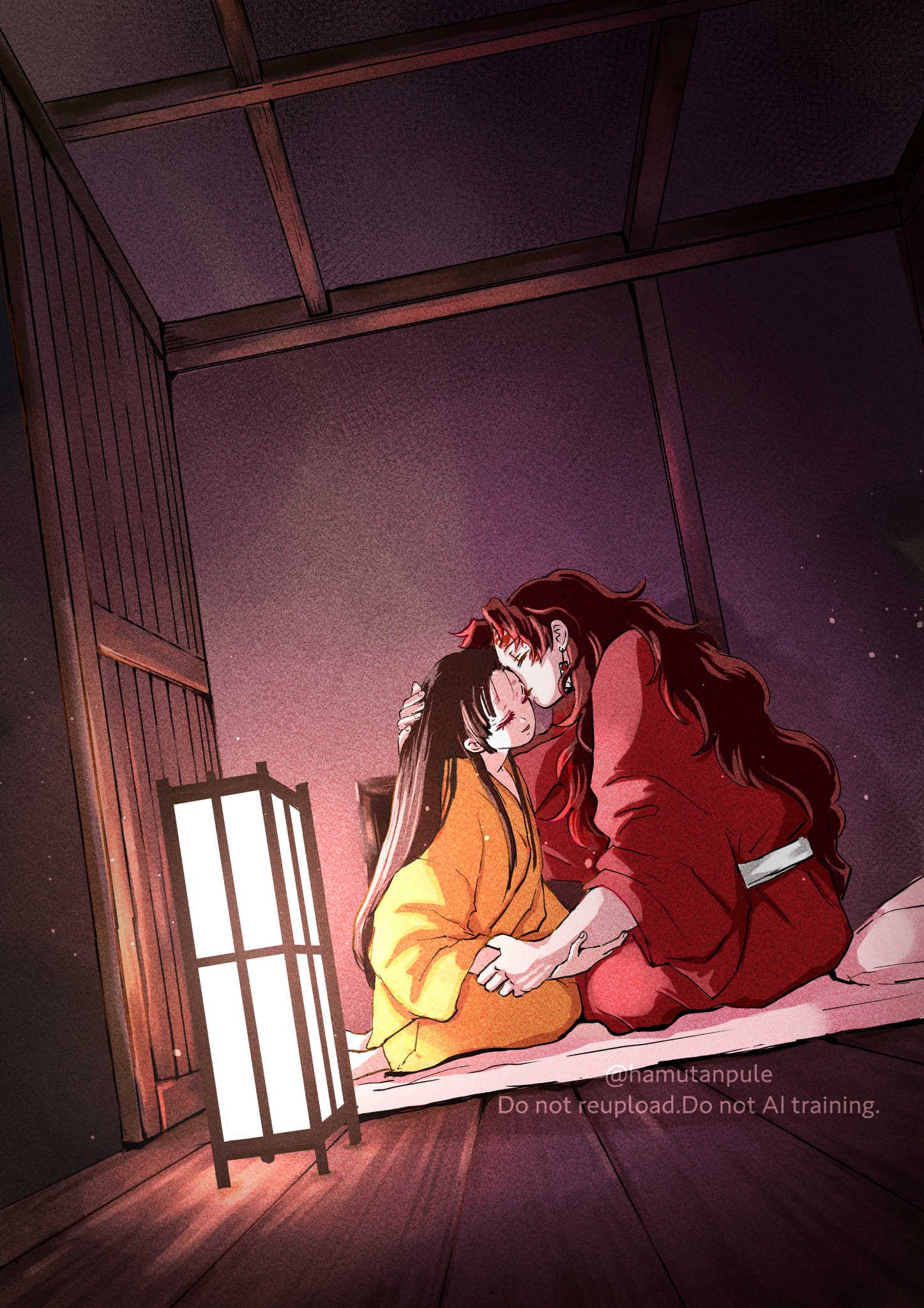 tamayo (kimetsu no yaiba), tsugikuni yoriichi, kimetsu no yaiba, highres, 1boy, 1girl, brown hair, closed eyes, earrings, english text, facial tattoo, full body, hamutanpule, hand on another's head, hetero, holding another's wrist, indoors, jewelry, kiss, lamp, long hair, on bed, red hair, red tattoo, sitting, tattoo, twitter username, very long hair
