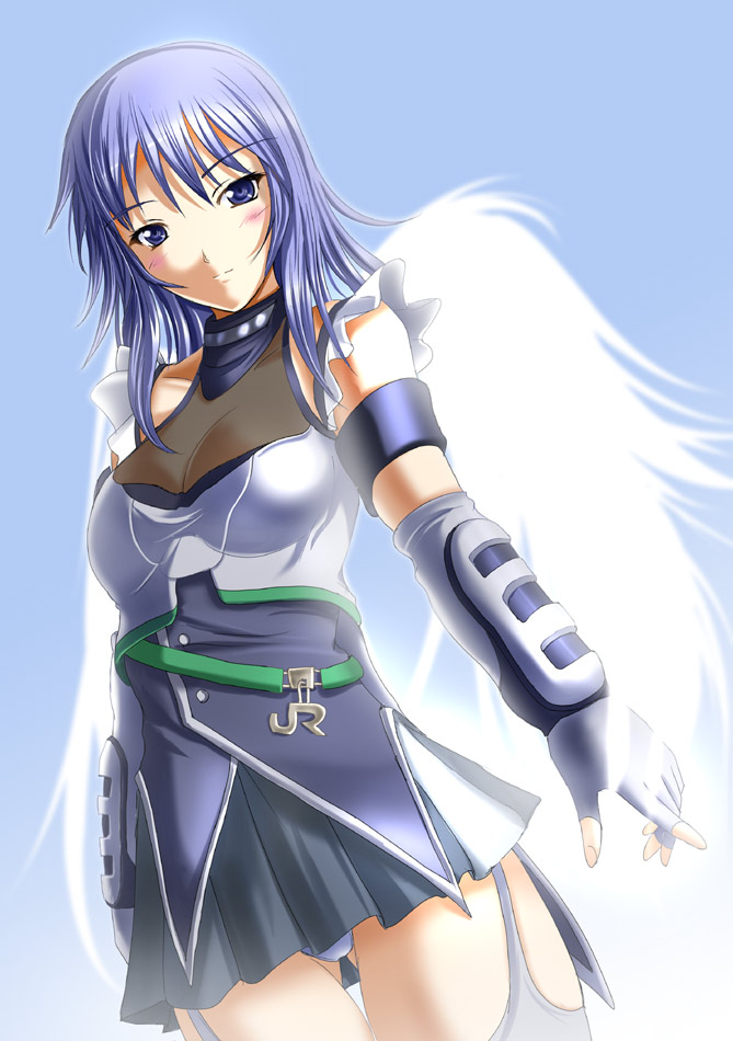 c-wing, japan railways, 1girl, blue eyes, blue hair, female focus, matching hair/eyes, personification, skirt, solo, wings