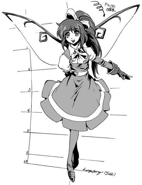 wi-z garage, daiyousei, embodiment of scarlet devil, touhou, 1girl, arm behind back, bow, dress, female focus, gloves, greyscale, hair bow, long hair, monochrome, neck ribbon, outstretched arm, pantyhose, ponytail, ribbon, smile, solo, wings