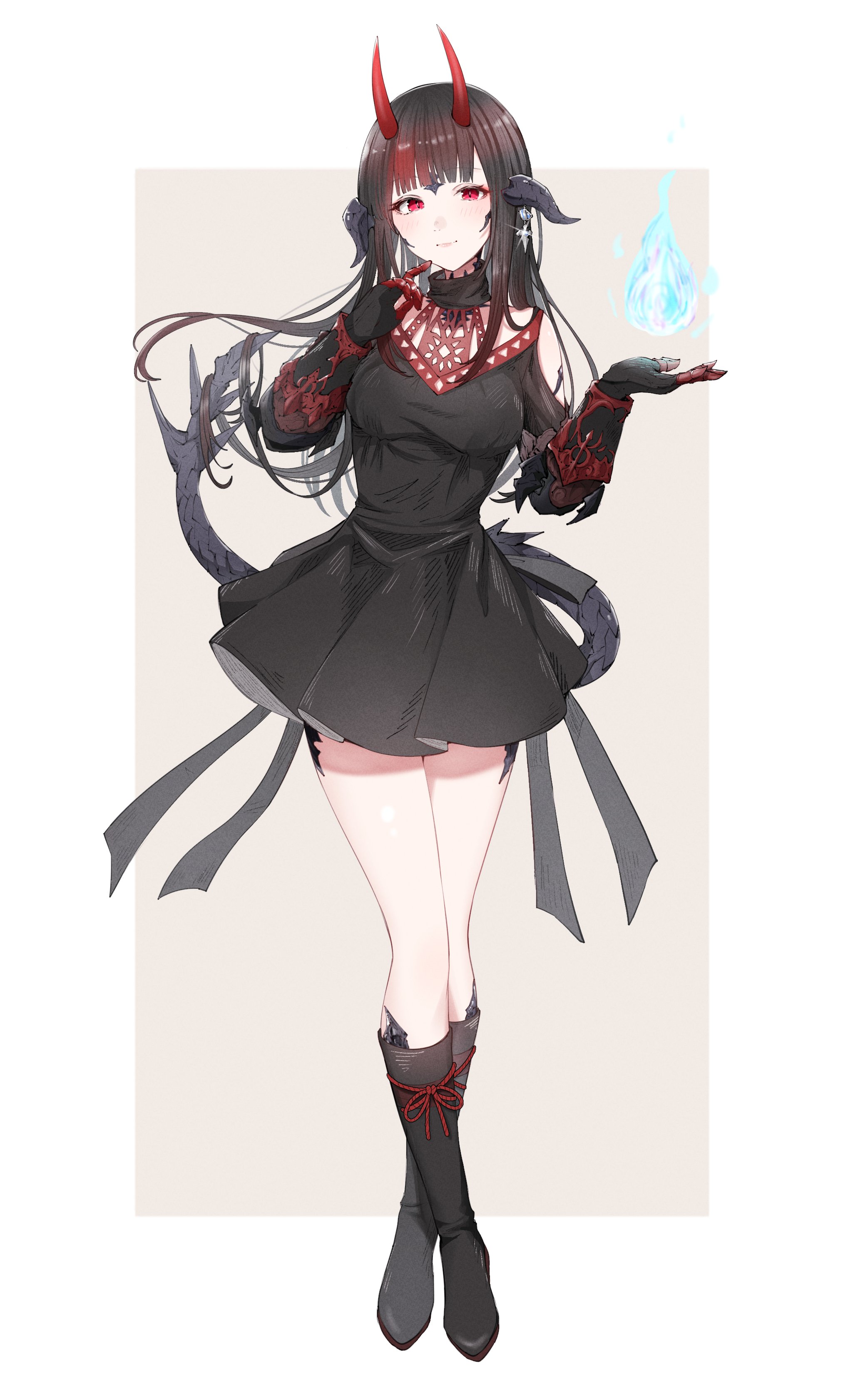 mokokoiro, warrior of light (ff14), final fantasy, final fantasy xiv, absurdres, commission, highres, skeb commission, 1girl, au ra, bare legs, black boots, black dress, black gloves, black hair, blunt bangs, boots, breasts, clothing cutout, dragon girl, dragon horns, dragon tail, dress, earrings, fake claws, gloves, hitodama, horns, jewelry, long hair, looking at viewer, red eyes, scales, shoulder cutout, single earring, solo, standing, tail