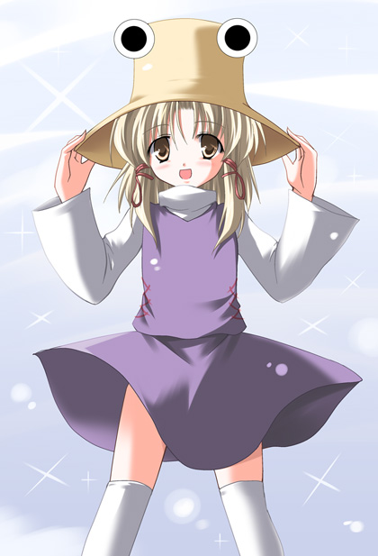 subaru noji, moriya suwako, touhou, 1girl, :d, arms up, blush, brown eyes, cowboy shot, dress, extra eyes, female focus, hat, long sleeves, looking at viewer, open mouth, purple dress, smile, solo, spread legs, standing, sweater, thighhighs, white thighhighs, zettai ryouiki