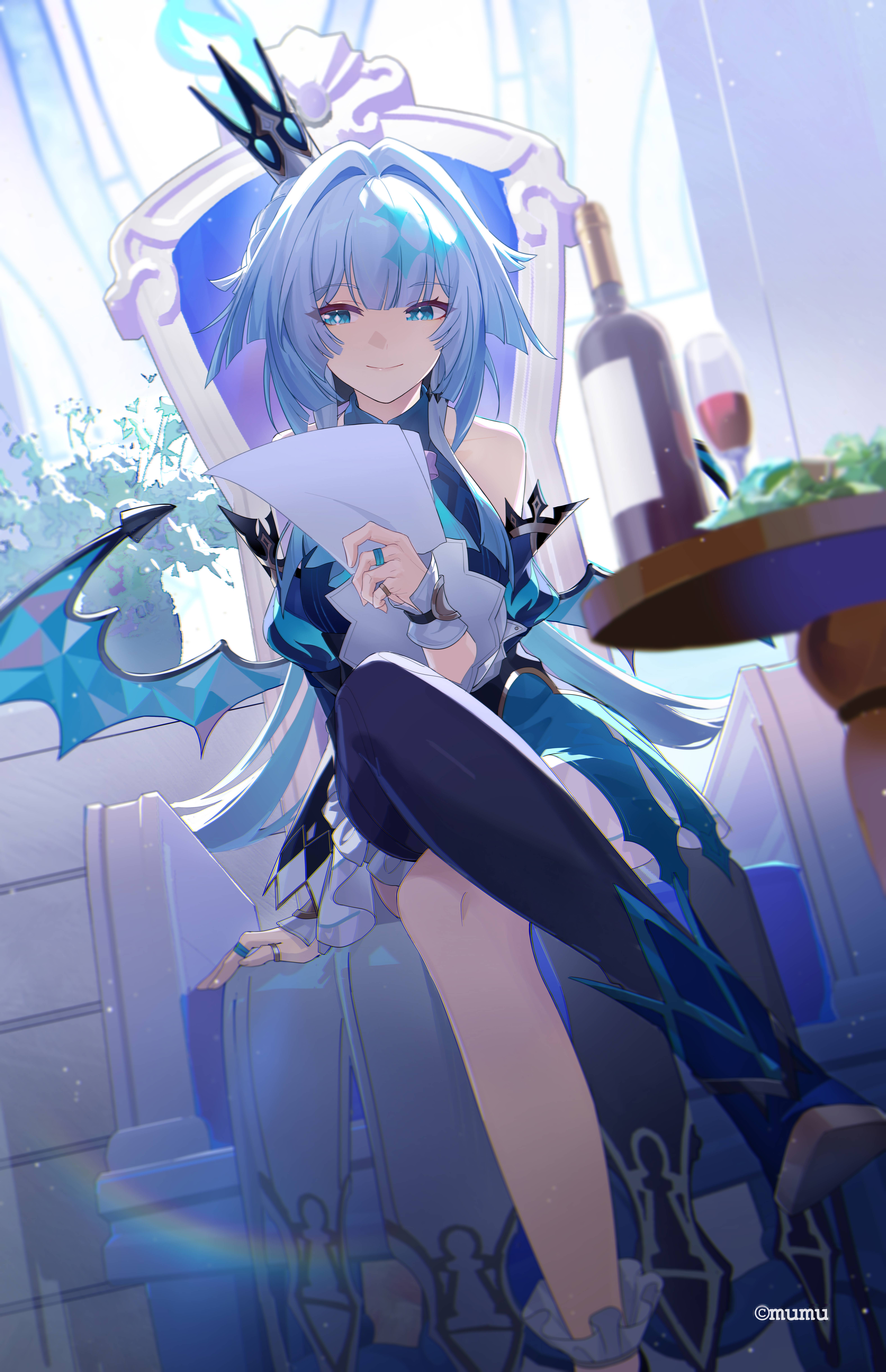 mumu123, cerydra (honkai: star rail), honkai: star rail, honkai (series), absurdres, commentary request, highres, 1girl, alcohol, artist name, asymmetrical footwear, bare shoulders, blue dress, blue eyes, blue hair, boots, bottle, chair, closed mouth, crossed legs, crown, cup, diamond-shaped pupils, diamond (shape), dress, drinking glass, facing viewer, foot out of frame, hair intakes, holding, holding paper, indoors, jewelry, long hair, long sleeves, mini crown, multiple rings, on chair, paper, reading, ring, single thigh boot, sitting, smile, solo, symbol-shaped pupils, table, thigh boots, uneven footwear, very long hair, window, wine, wine bottle, wine glass