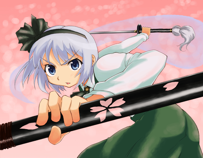 kusogappa, konpaku youmu, konpaku youmu (ghost), touhou, 1girl, female focus, hitodama, katana, pink background, sheath, sheathed, solo, sword, weapon