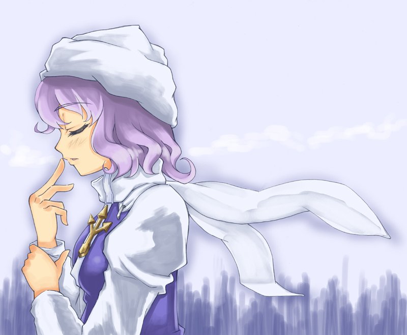 kusogappa, letty whiterock, touhou, 1girl, blush, closed mouth, female focus, from side, long sleeves, profile, purple hair, scarf, short hair, solo, upper body, white scarf