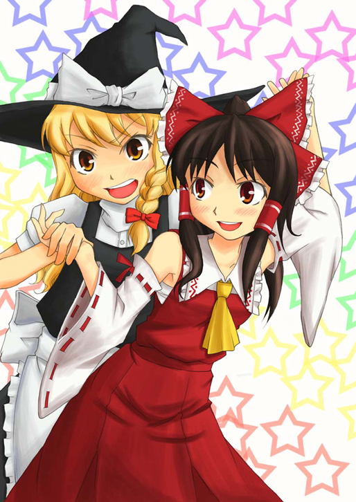 kusogappa, hakurei reimu, kirisame marisa, touhou, 2girls, :d, apron, ascot, blonde hair, bow, braid, brown eyes, brown hair, detached sleeves, female focus, hair bow, hair tubes, hat, long sleeves, looking at viewer, multiple girls, open mouth, outstretched arms, puffy short sleeves, puffy sleeves, red bow, ribbon-trimmed sleeves, ribbon trim, short sleeves, sidelocks, single braid, smile, star (symbol), waist apron, witch hat