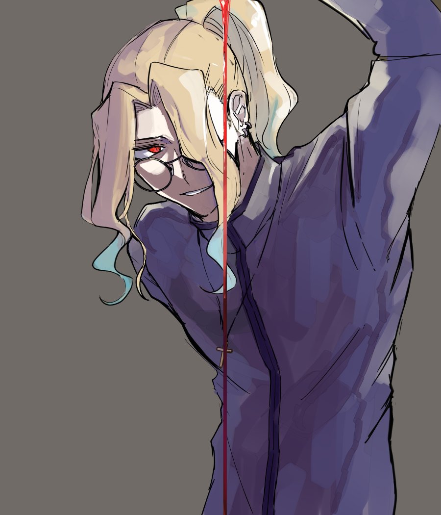 royst, michael roa valdamjong, michael roa valdamjong (human), tsukihime, 1boy, arm behind back, blonde hair, blood, blood drip, earrings, hair over one eye, jewelry, light smile, long hair, looking at viewer, male focus, partially shaded face, ponytail, priest, red eyes, simple background